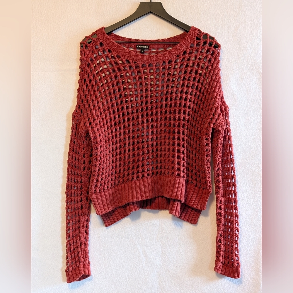 Express Women's Burgundy Open-Knit Sweater Size XS Lady's ToP Pullover Cropped